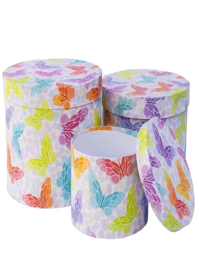 اويسيس مجموعة أواسيس من 3 صناديق هدايا دائرية لعيد الحب وسلال الزهور مع غطاء | صندوق باقة كلاسيكي لتنسيقات الزهور وسلال الهدايا | صندوق تغليف هدايا مزخرف ببطانة مقاومة للماء - مطبوع عليه فراشات متعددة الألوان - Image 1